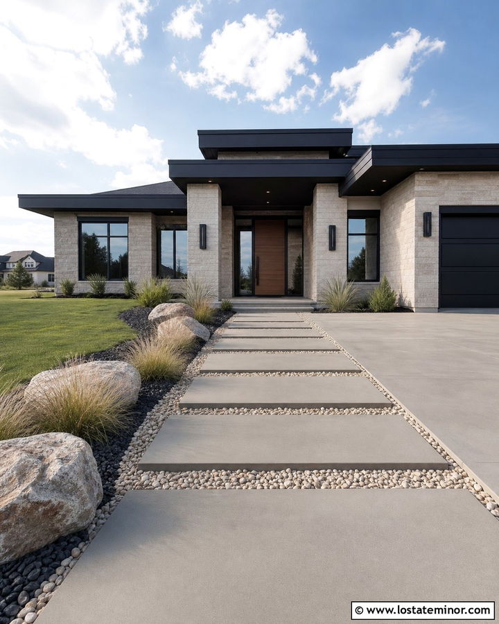 Modern Stone House With Concrete Paver Walkway - 30 Stone House Design With Walkway Ideas
