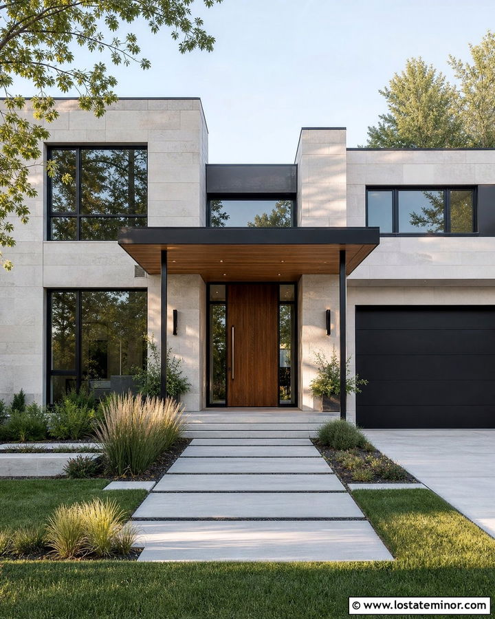 Modern Stone House With Flat Portico - 30 Stone House Design With Portico Ideas