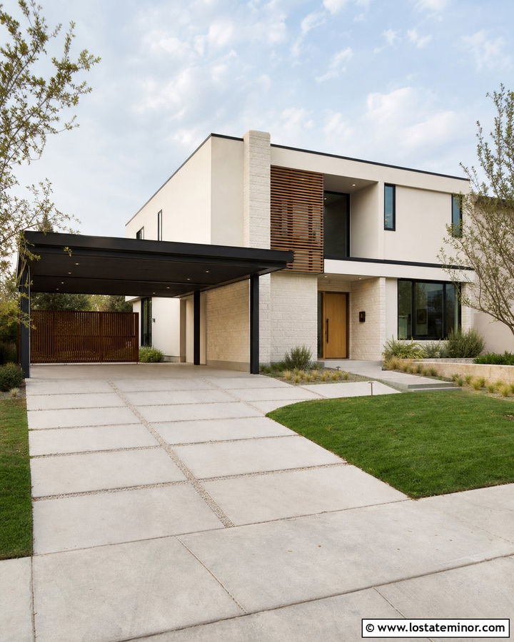 Modern Stone House With Flat Roof Carport - 30 Stone House Design With Carport Ideas
