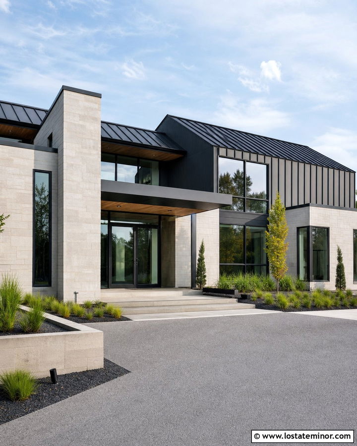Modern Stone House With Flat Steel Awning - 30 Stone House Design With Awning Ideas