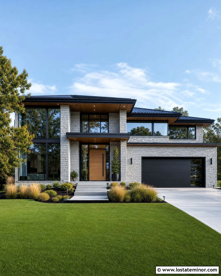 Modern Stone House With Floor To Ceiling Windows - 30 Stone House Design With Window Frames Ideas