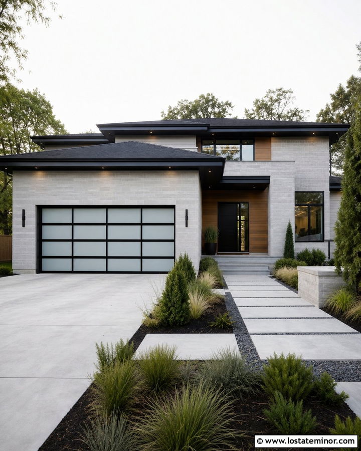 Modern Stone House With Glass Garage Door - 30 Stone House Design With Garage Door Ideas