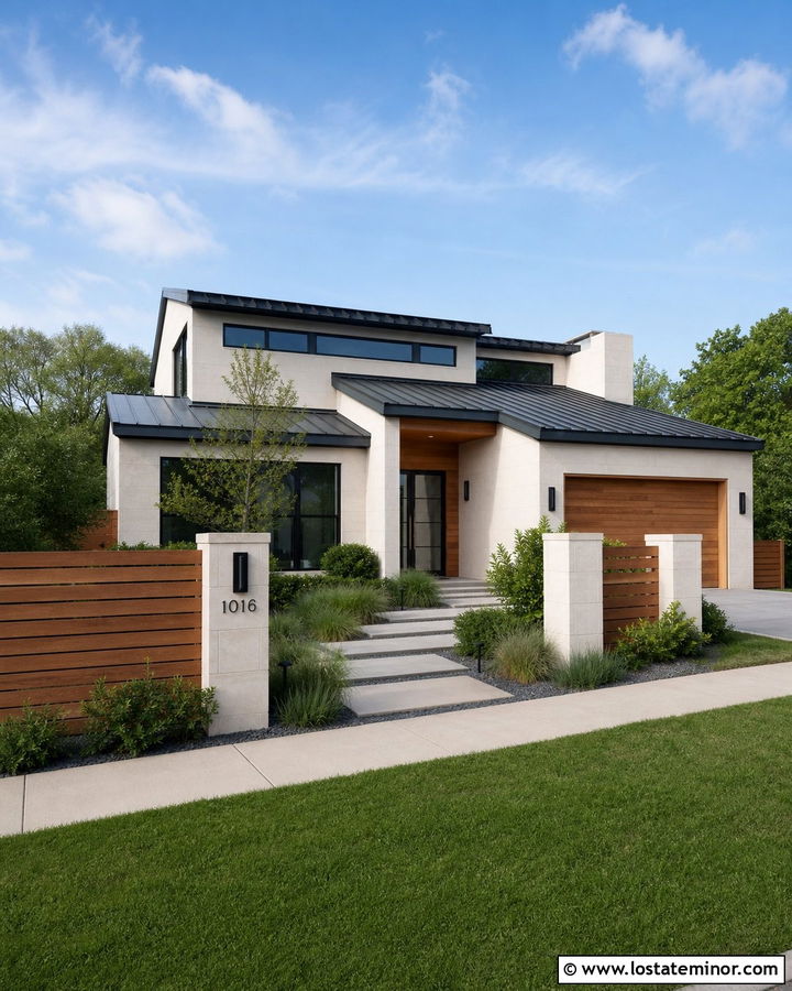 Modern Stone House With Horizontal Wood Fence - 30 Stone House Design With Fence Ideas