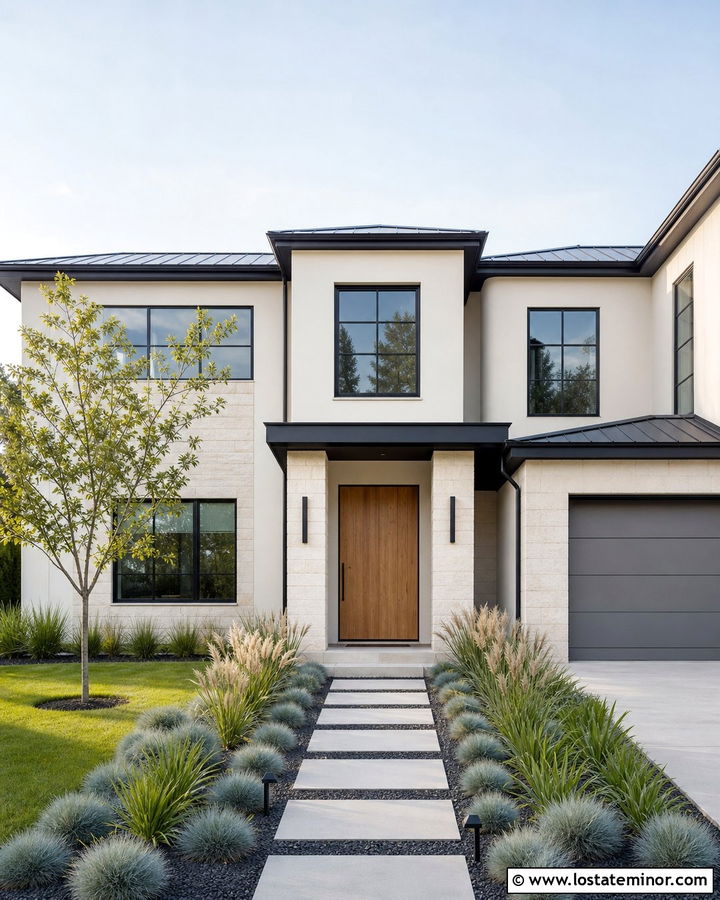 Modern Stone House With Ornamental Grasses - 30 Stone House Design With Landscaping Ideas