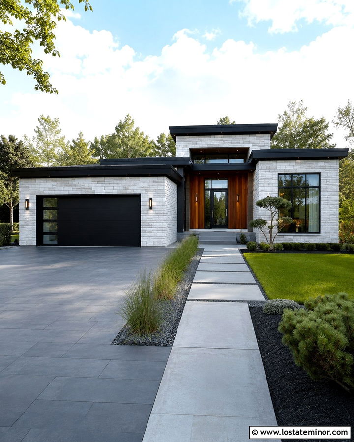 Modern Stone House With Paver Driveway - 30 Stone House Design With Driveway Ideas