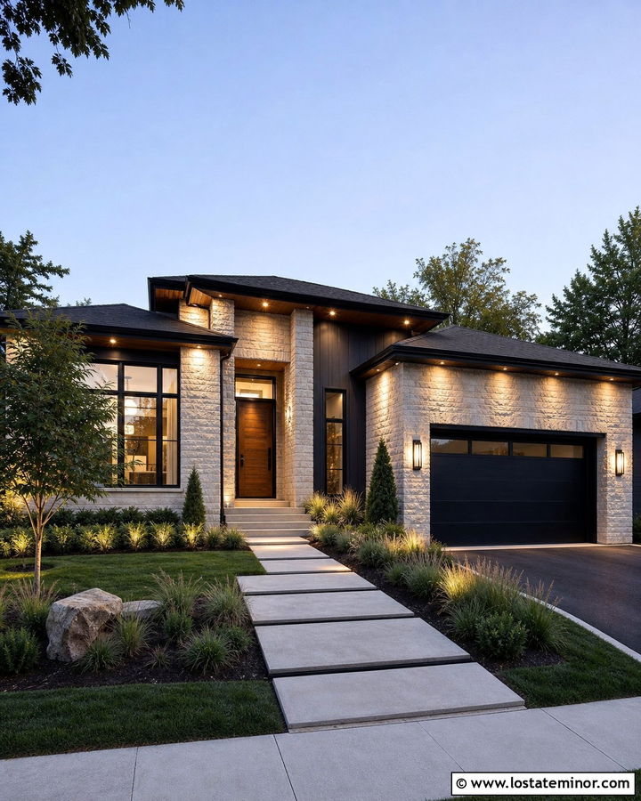 Modern Stone House With Recessed Soffit Lighting - 30 Stone House Design With Lighting Ideas