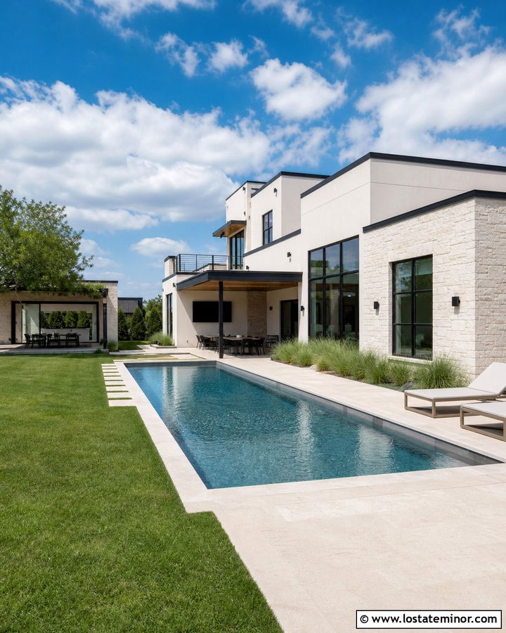 Modern Stone House With Rectangular Pool - 30 Stone House Design With Swimming Pool Ideas