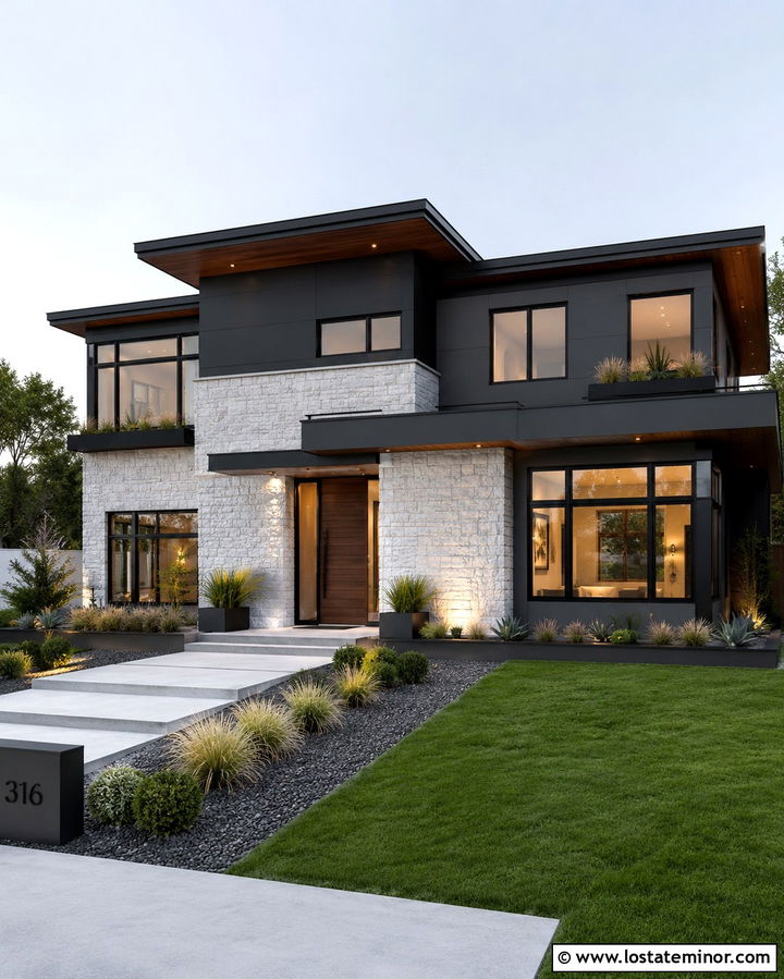 Modern Stone House With Steel Window Boxes - 30 Stone House Design With Window Boxes Ideas