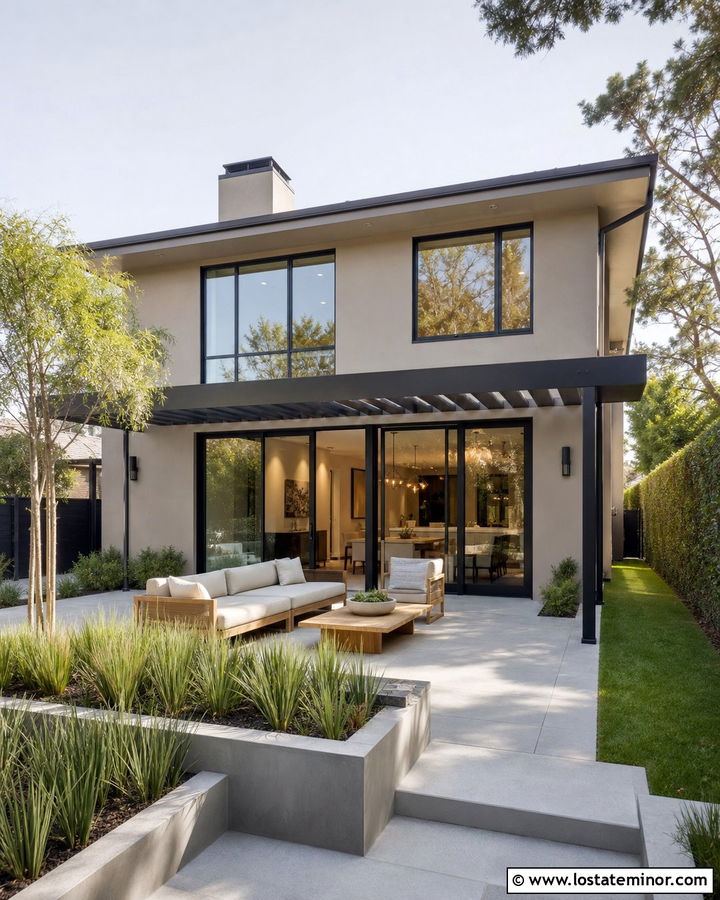 Modern Tan House With Black Patio Doors - 30 Tan House Design With Backyard Ideas