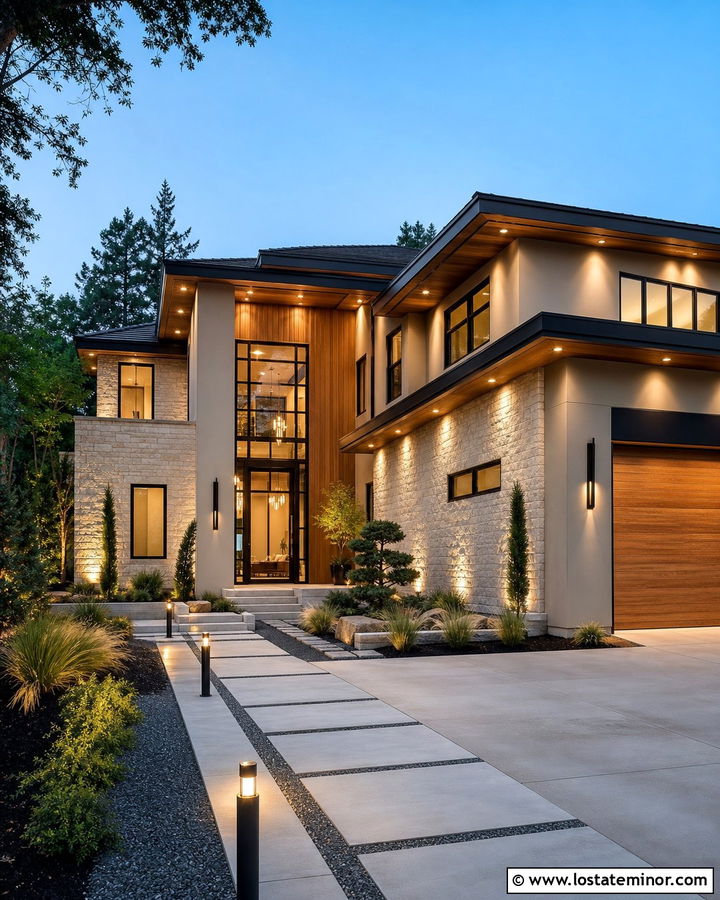 Modern Tan House With Layered Exterior Lighting - 30 Tan House Design With Lighting Ideas