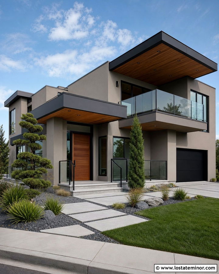 Modern Taupe House With Glass Railings - 30 Taupe House Design With Railings Ideas
