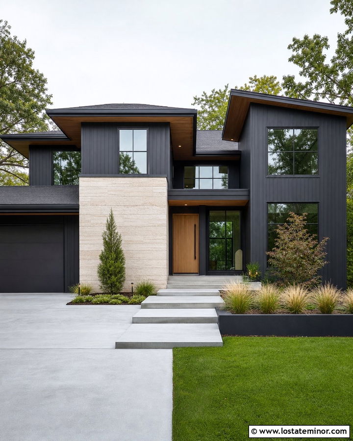 Modern Vertical Siding And Limestone Wall - 30 Stone House Design With Siding Ideas