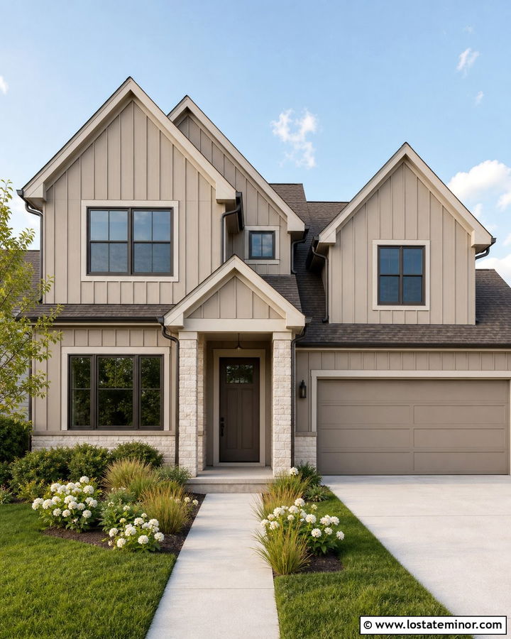 Monochromatic Beige Board And Batten House - 30 Beige House Design With Board and Batten Ideas