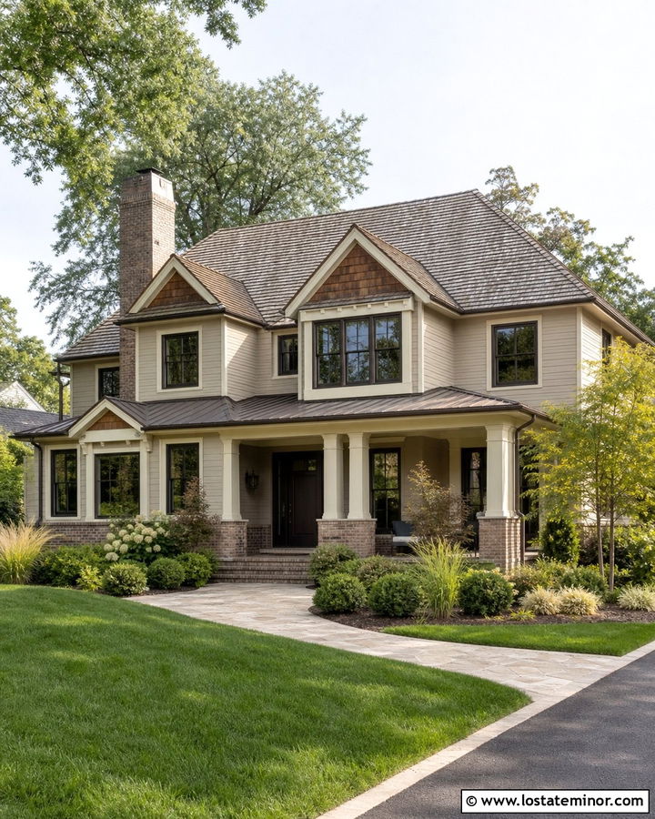 Monochromatic Beige House With Tan Brick Accents - 30 Beige House Design With Brick Accents Ideas