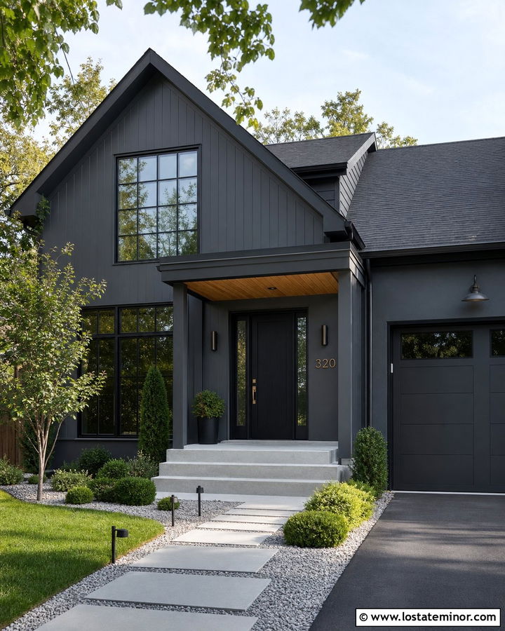 Monochromatic Charcoal Gray House With Charcoal Front Door - 30 Charcoal Grey House Design With Front Door Ideas