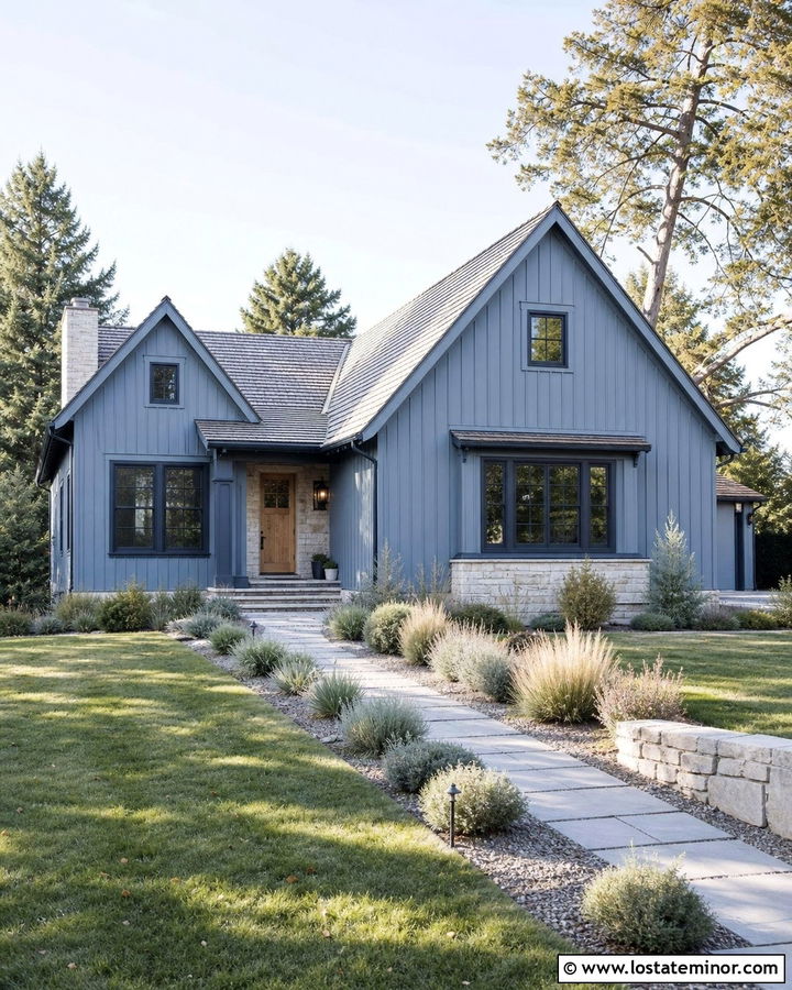 Monochromatic Dusty Blue Board And Batten House - 30 Dusty Blue House Design With Board and Batten Ideas
