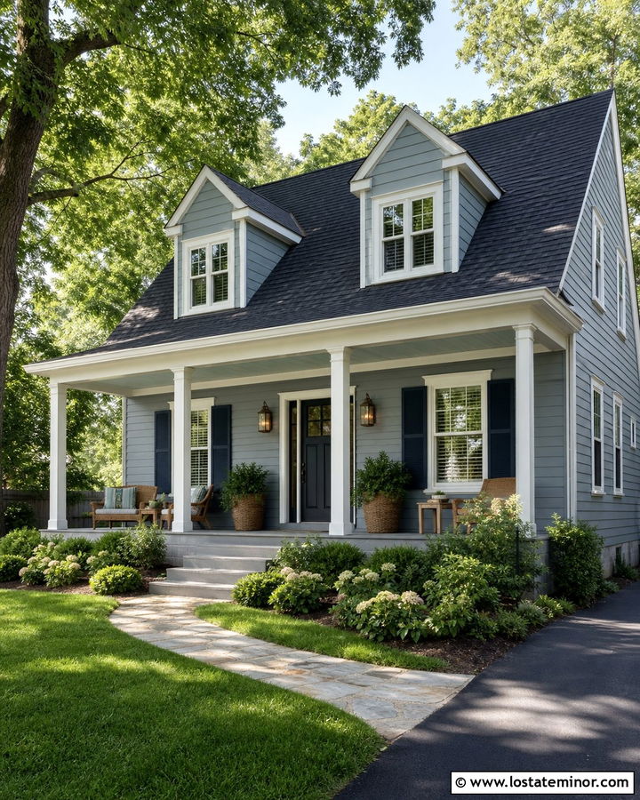 Monochromatic Dusty Blue House With Front Porch - 30 Dusty Blue House Design With Front Porch Ideas