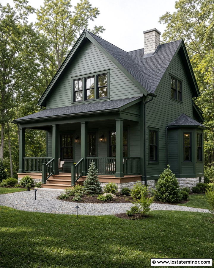 Monochromatic Forest Green House With Front Porch - 30 Forest Green House Design With Front Porch Ideas