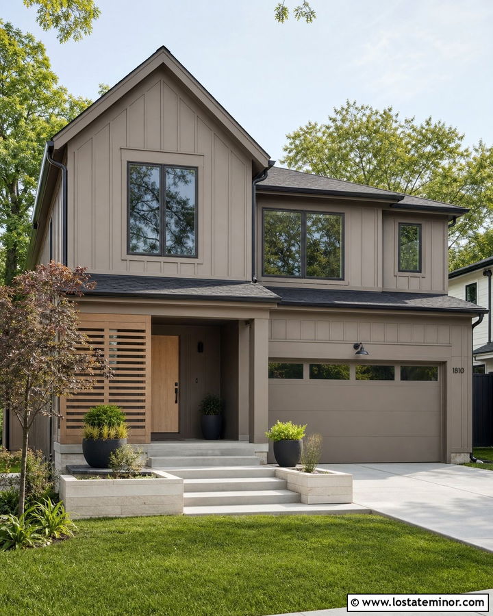 Monochromatic Greige Board And Batten Exterior - 30 Greige House Design With Board and Batten Ideas