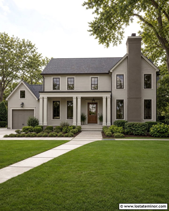 Monochromatic Greige House With Chimney - 30 Greige House Design With Chimney Ideas