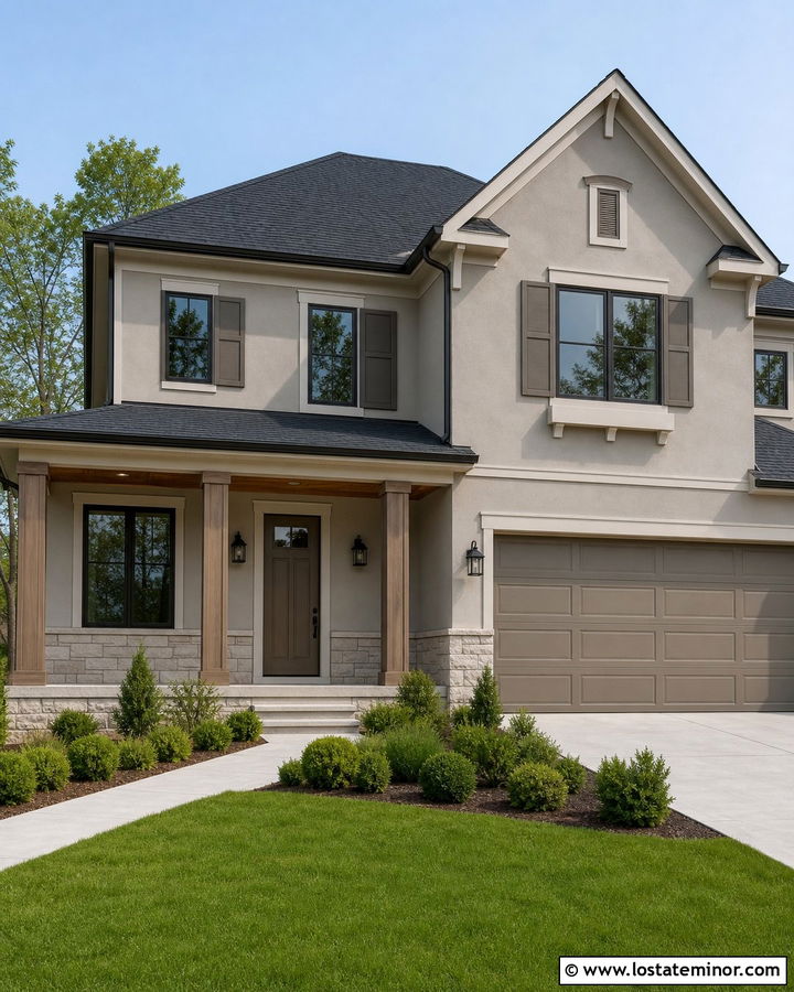 Monochromatic Greige House With Deep Greige Front Door - 30 Greige House Design With Front Door Ideas