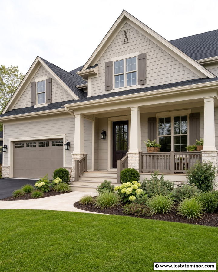 Monochromatic Greige House With Greige Railings - 30 Greige House Design With Railings Ideas