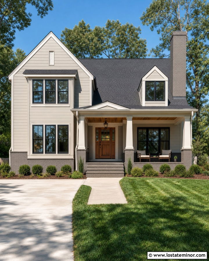 Monochromatic Greige House With Painted Brick - 30 Greige House Design With Brick Accents Ideas