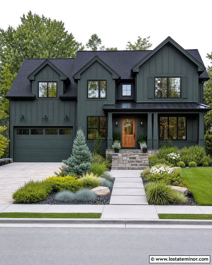 Monochromatic Hunter Green House With Layered Green Landscaping - 30 Hunter Green House Design With Landscaping Ideas