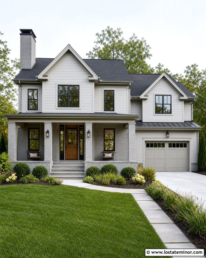 Monochromatic Light Grey House With Grey Brick - 30 Light Grey House Design With Brick Accents Ideas
