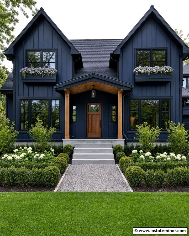 Monochromatic Midnight Blue House With Blue Window Boxes - 30 Midnight Blue House Design With Window Boxes Ideas