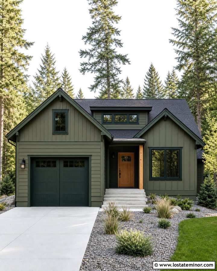 Monochromatic Moss Green House With Dark Green Trim - 30 Moss Green House Design With Accents Ideas