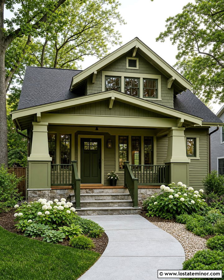 Monochromatic Moss Green House With Front Porch - 30 Moss Green House Design With Front Porch Ideas