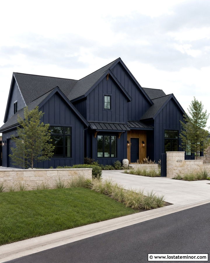 Monochromatic Navy Blue Board And Batten House - 30 Navy Blue House Design With Board and Batten Ideas