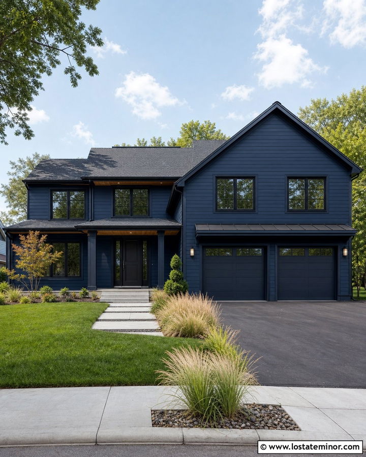 Monochromatic Navy Blue House And Trim - 30 Navy Blue House Design With Trim Ideas