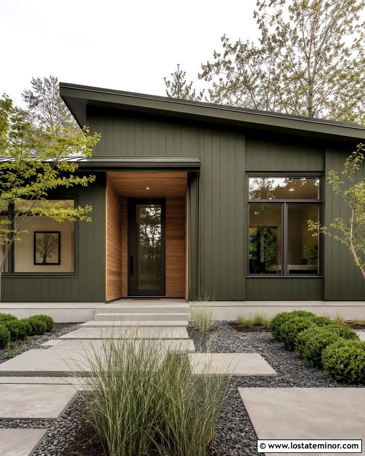 Monochromatic Olive Green House With Matching Window Frames - 30 Olive Green House Design With Window Frames Ideas