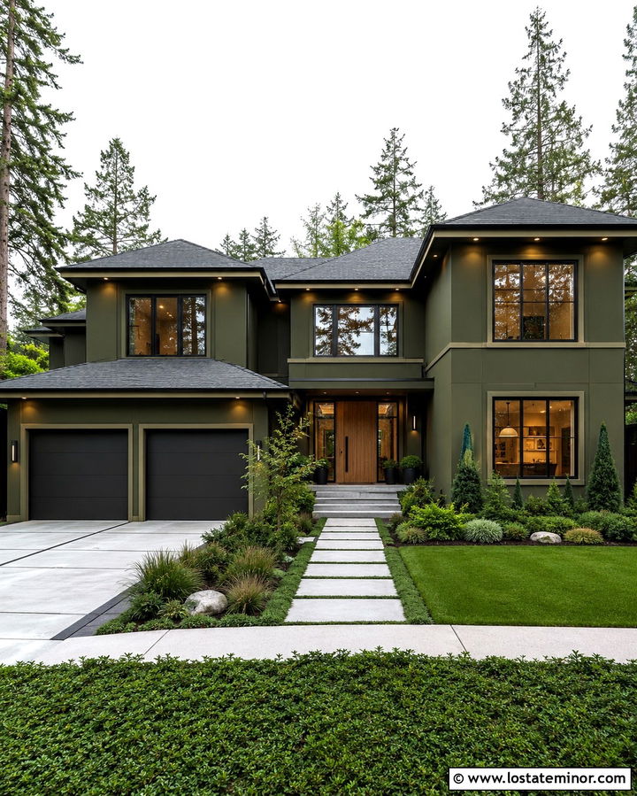 Monochromatic Olive Green House With Minimal Lighting - 30 Olive Green House Design With Lighting Ideas