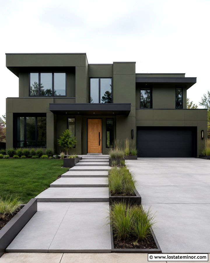 Monochromatic Olive Green House With Modern Porch - 30 Olive Green House Design With Front Porch Ideas