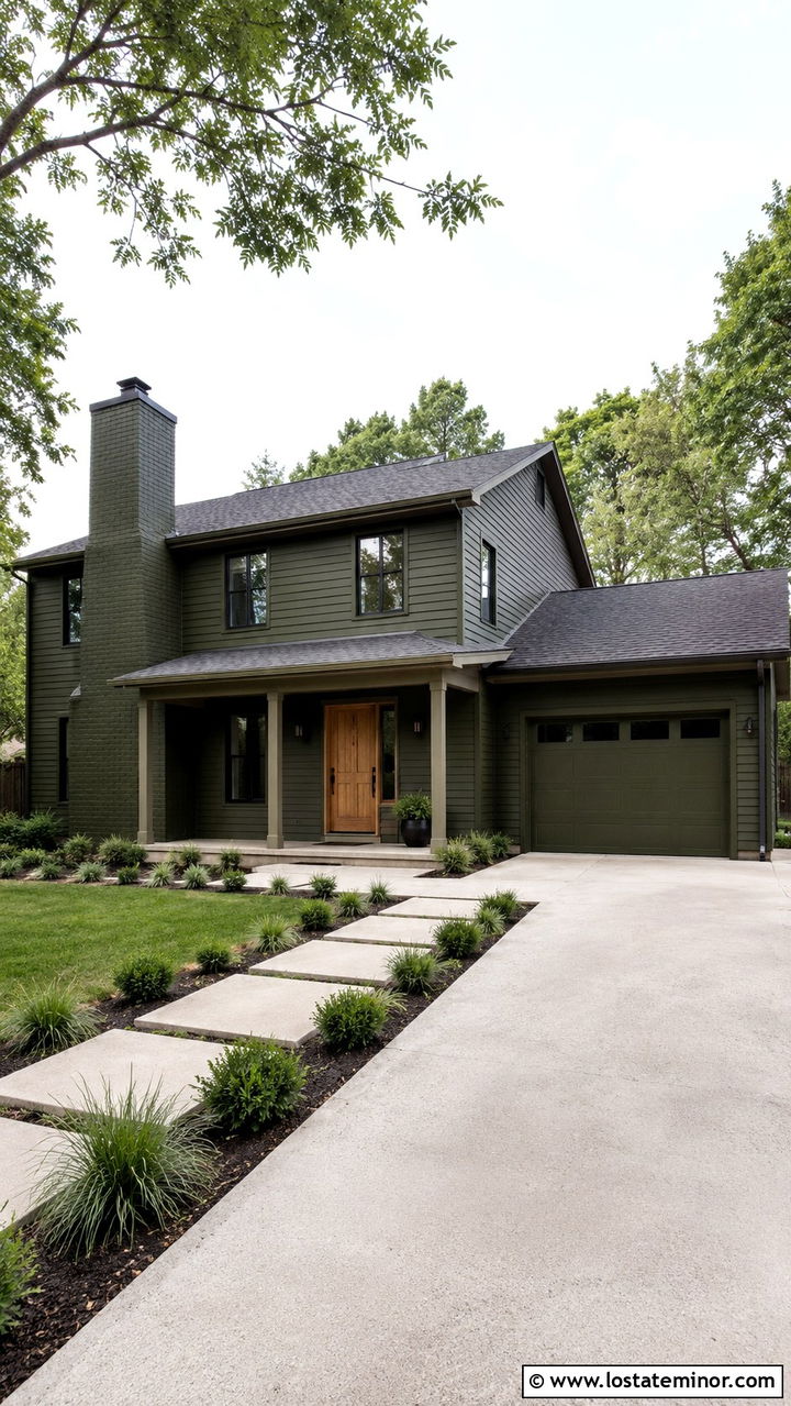 Monochromatic Olive Green House With Painted Chimney - 30 Olive Green House Design With Chimney Ideas