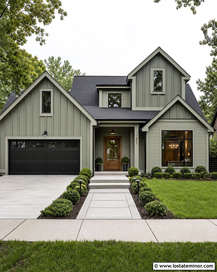 Monochromatic Sage Green Gabled House - 30 Sage Green House Design With Gables Ideas