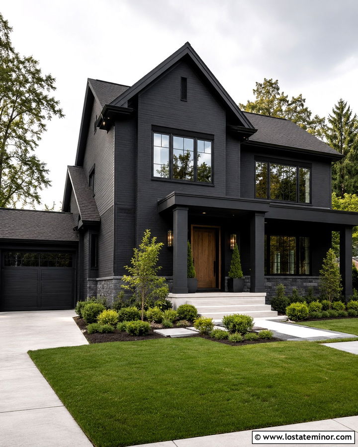 Monochromatic Soft Black House With Tonal Windows - 30 Soft Black House Design With Window Frames Ideas