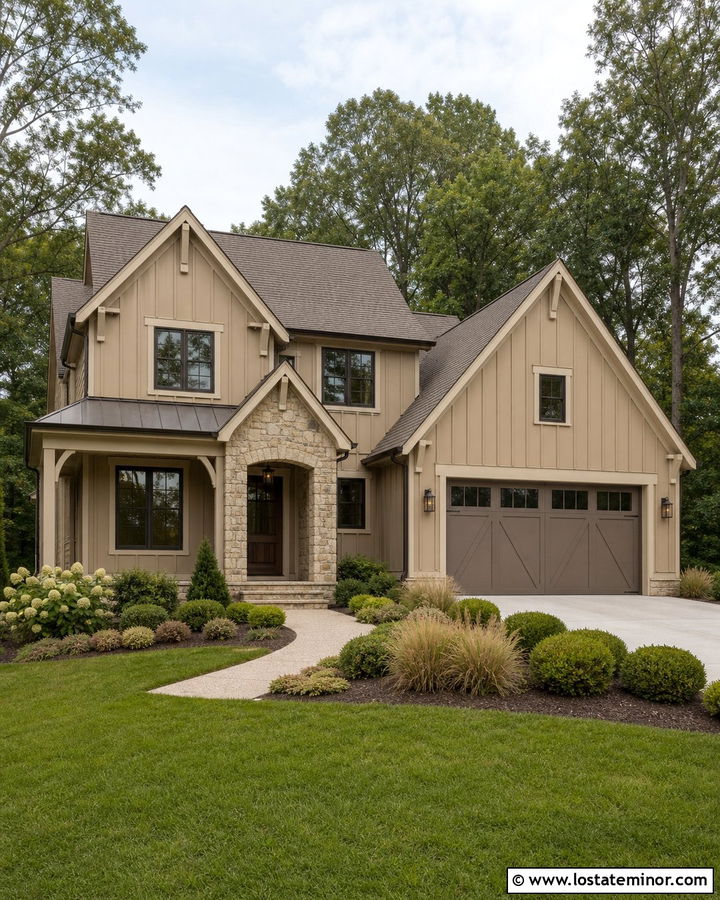Monochromatic Tan Board and Batten House - 30 Tan House Design With Board and Batten Ideas