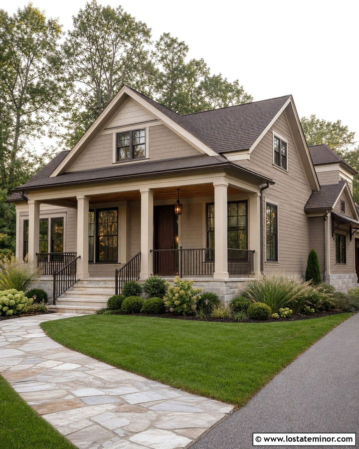 Monochromatic Tan House With Bronze Front Porch - 30 Tan House Design With Front Porch Ideas