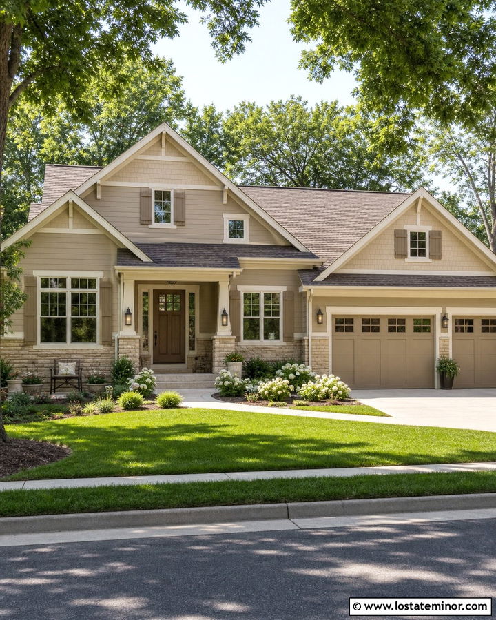 Monochromatic Tan House With Gables - 30 Tan House Design With Gables Ideas