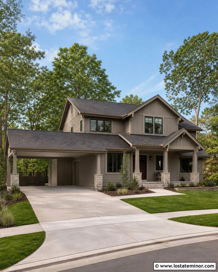 Monochromatic Taupe House And Carport - 30 Taupe House Design With Carport Ideas