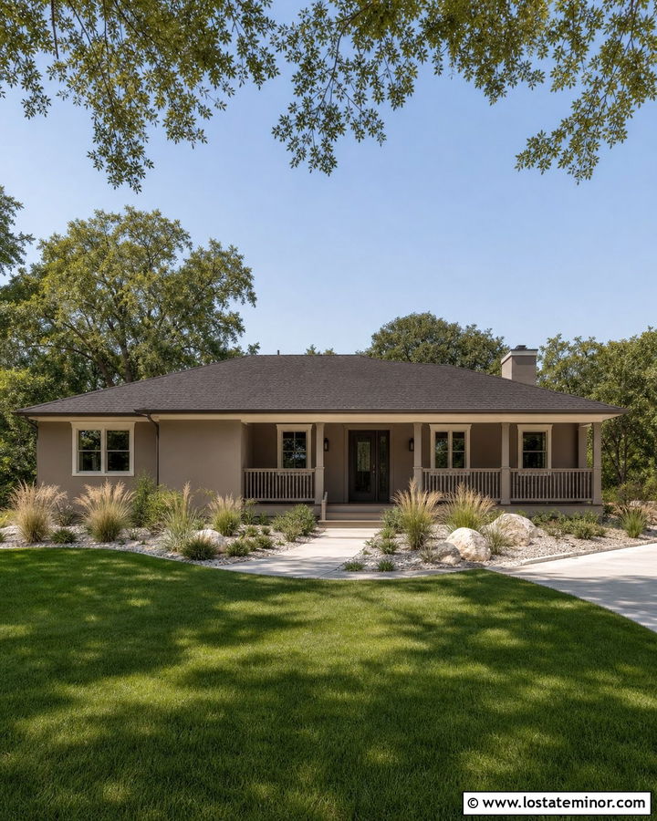 Monochromatic Taupe House With Matching Railings - 30 Taupe House Design With Railings Ideas