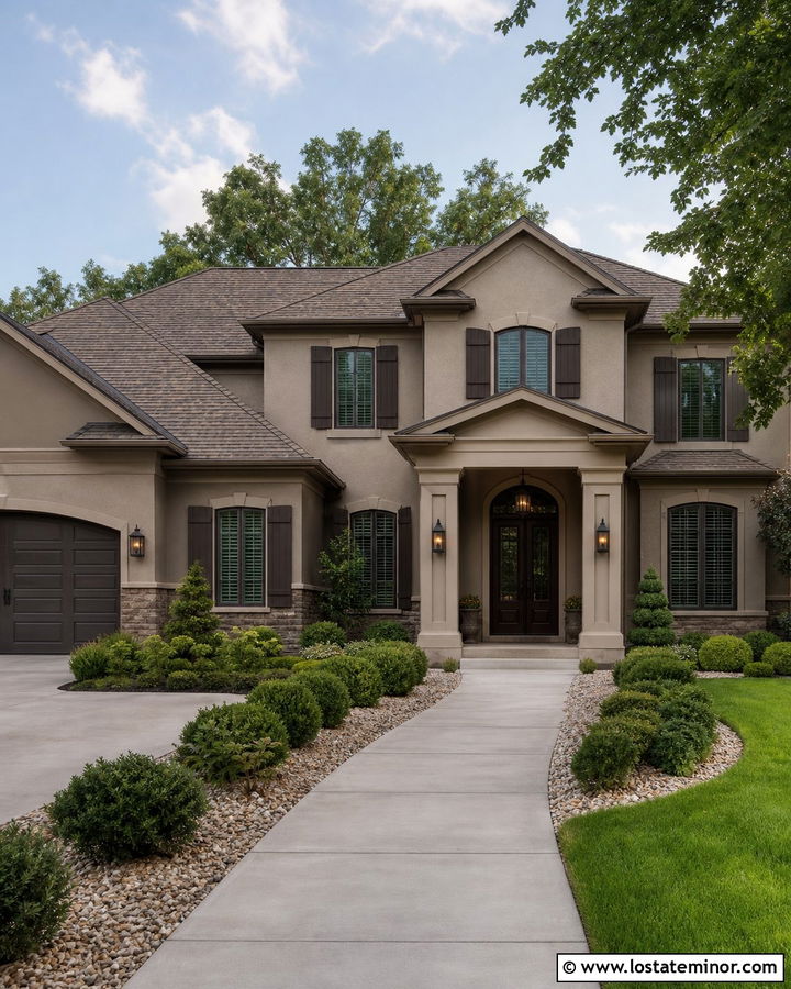 Monochromatic Taupe House With Portico - 30 Taupe House Design With Portico Ideas