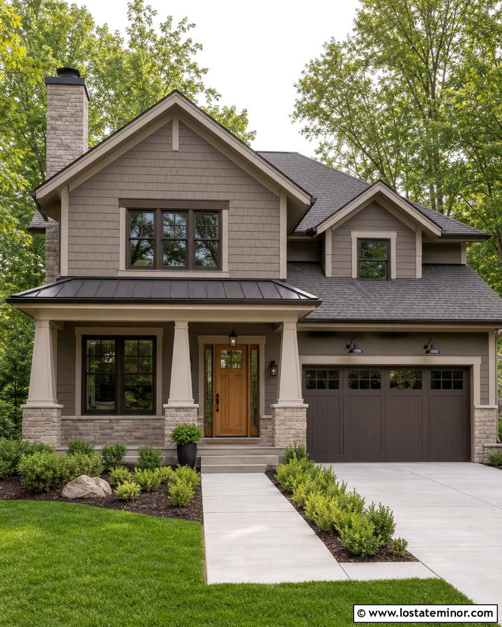 Monochromatic Taupe House With Tonal Stone - 30 Taupe House Design With Stone Accents Ideas