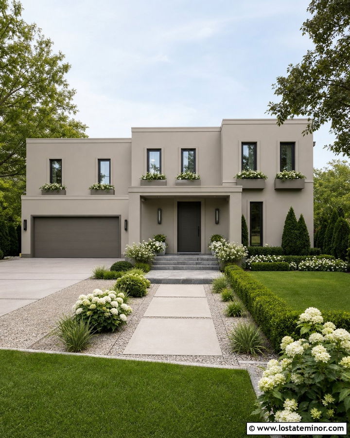 Monochrome Greige House With Greige Window Boxes - 30 Greige House Design With Window Boxes Ideas