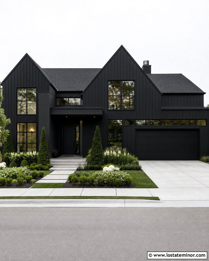 Monochrome Jet Black House With Black Window Frames - 30 Jet Black House Design With Window Frames Ideas