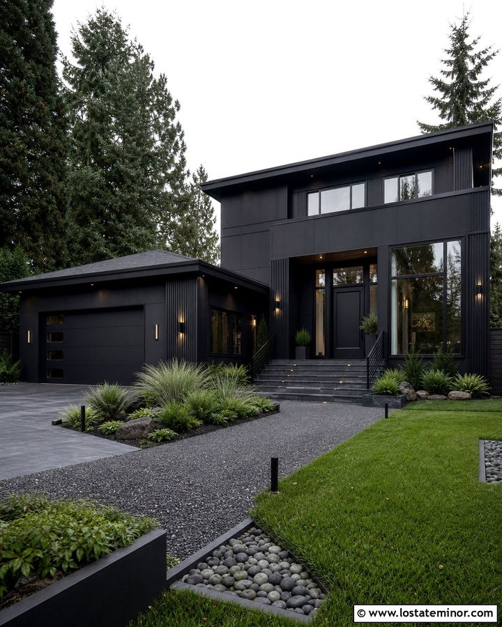 Monochrome Jet Black House With Dark Slate Steps - 30 Jet Black House Design With Steps Ideas